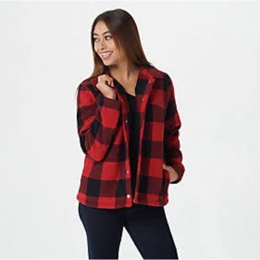 Denim & Co. Printed Fleece Bonded with Sherpa Jacket, Red Black Buffalo plaid